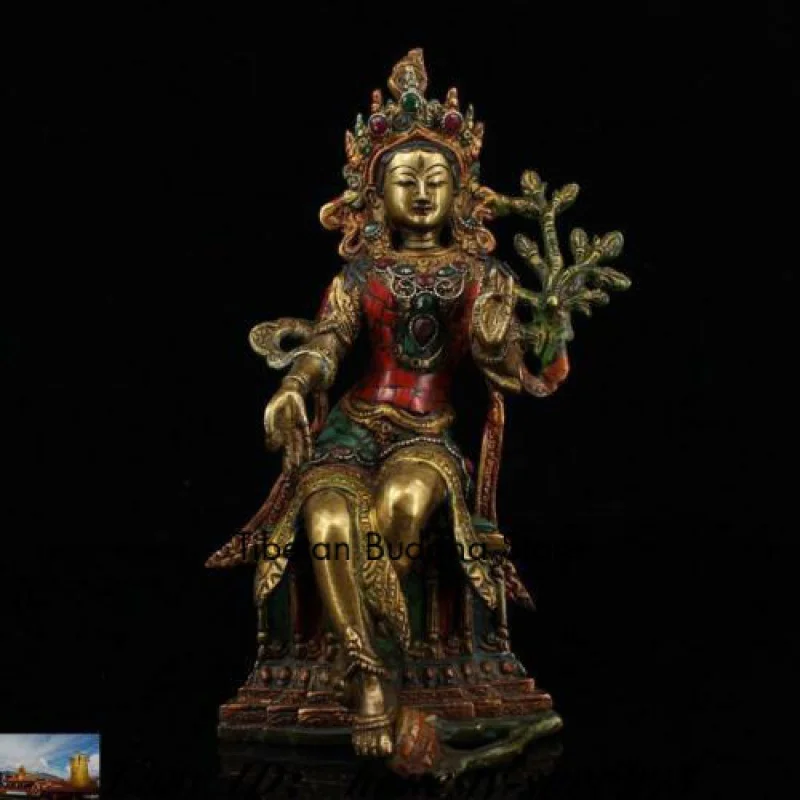 

Tibet Buddhism temple bronze Gilt Inlay turquoise gem Tara KwanYin Buddha statue