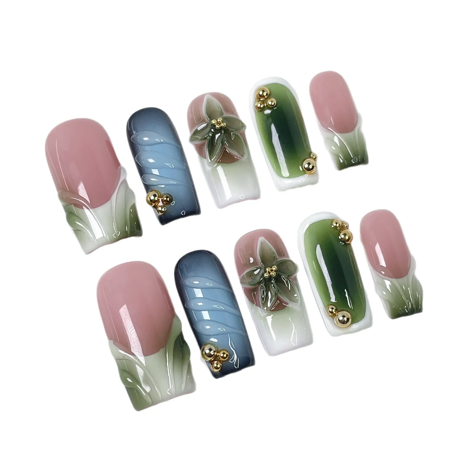 10 قطعة اليدوية طويلة التابوت الصحافة على الأظافر الأخضر ثلاثية الأبعاد منحوتة بتلات وهمية مسمار نصائح يمكن ارتداؤها قابلة لإعادة الاستخدام التوابل الفتيات الأظافر كاذبة