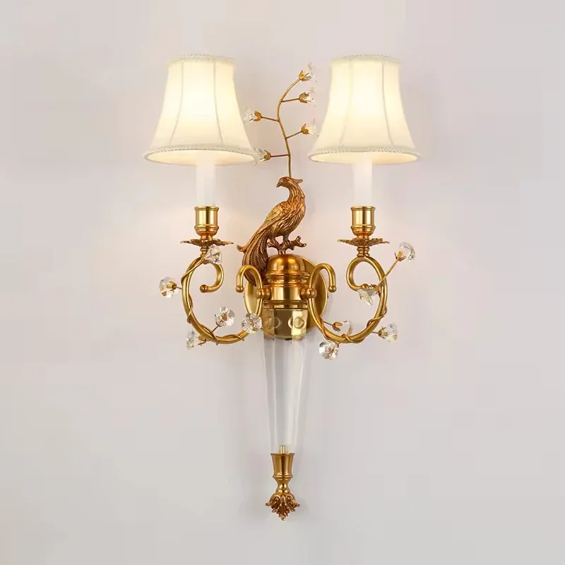 French Brass Bedside Wall Light Double Arm With Shade Sconce Classic Peacock Wall Lamp For Hotel Bedroom