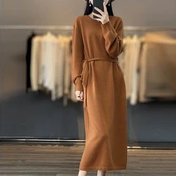 Autumn Winter Women Korean Fashion Lace-up Elegant Basic Knitted Dresses Solid O Neck Long Sleeve Loose Chic Sweater Dress Robe
