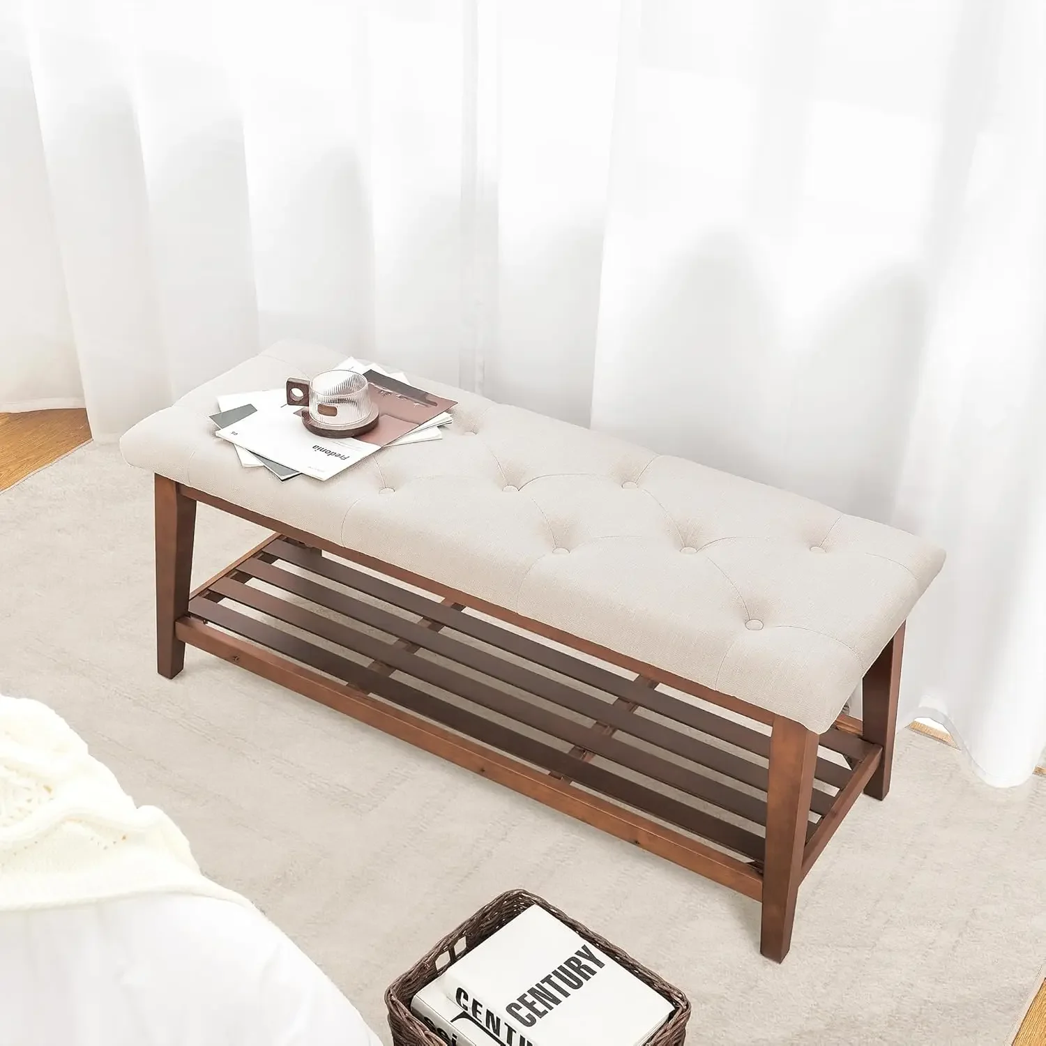 مقعد منجد لغرفة النوم نهاية السرير، مقعد مدخل 42.5 بوصة لغرفة المعيشة، مقعد طعام مع مقعد مبطن وخشب صلب #6