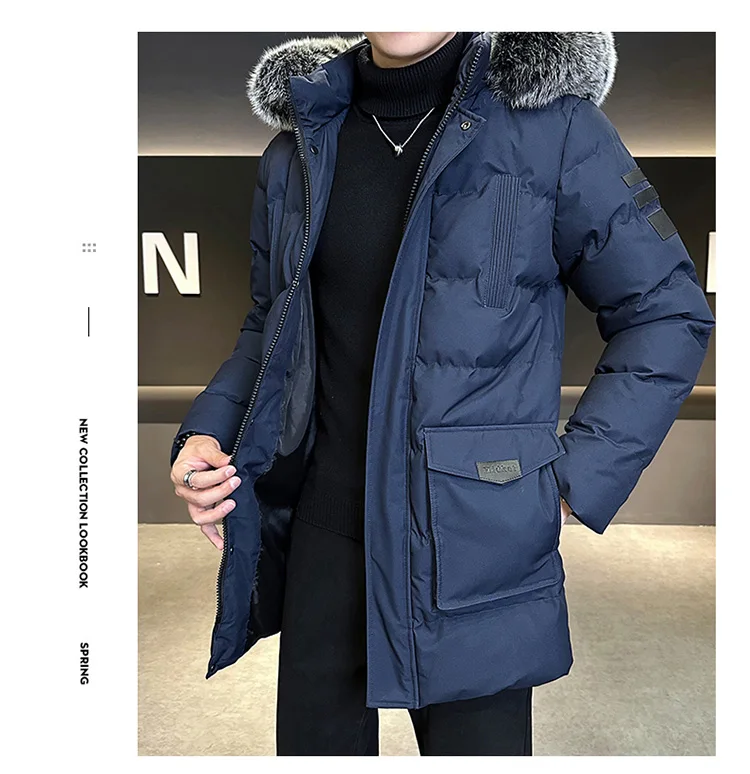 Autumn Winter Main Push Mid Length Solid Color Hooded Cotton Coat For Men Plus Size Korean Style Thick Warm Unisex Youth Trendy