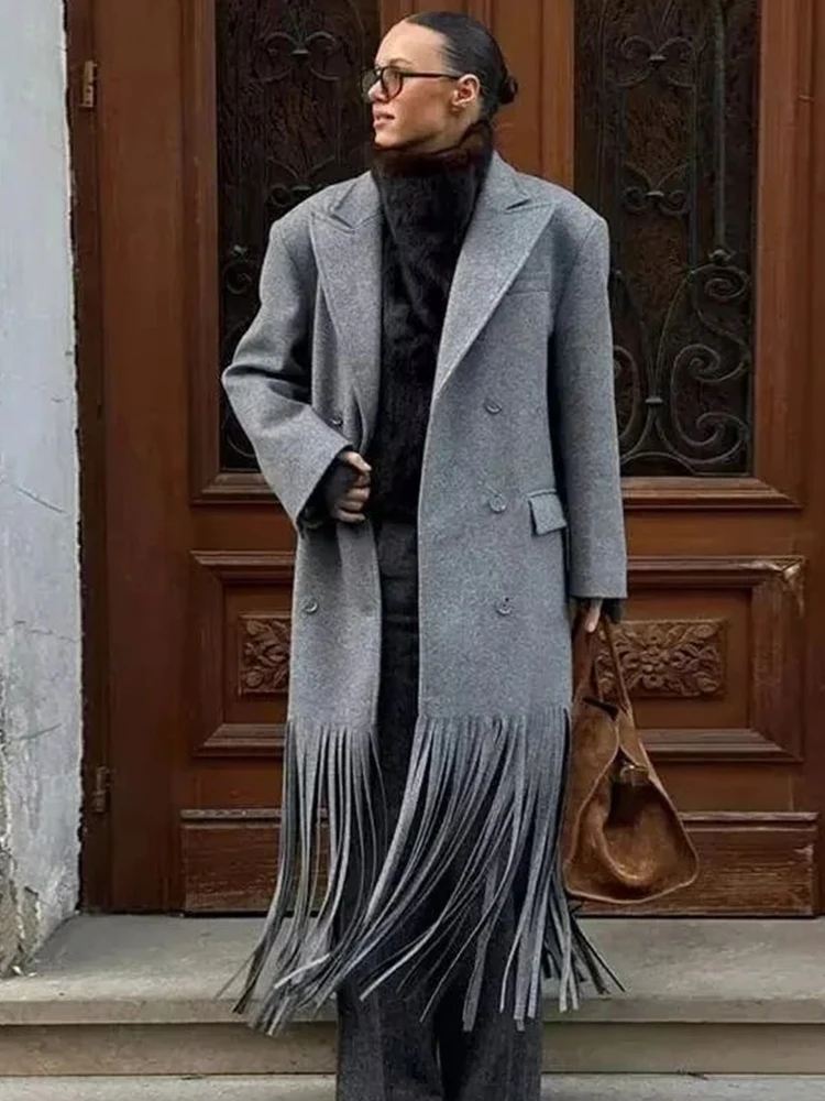 Mulheres inverno elegante borla retalhos casaco de lã feminino sólido manga longa lapela botão jaquetas longas moda rua outwear