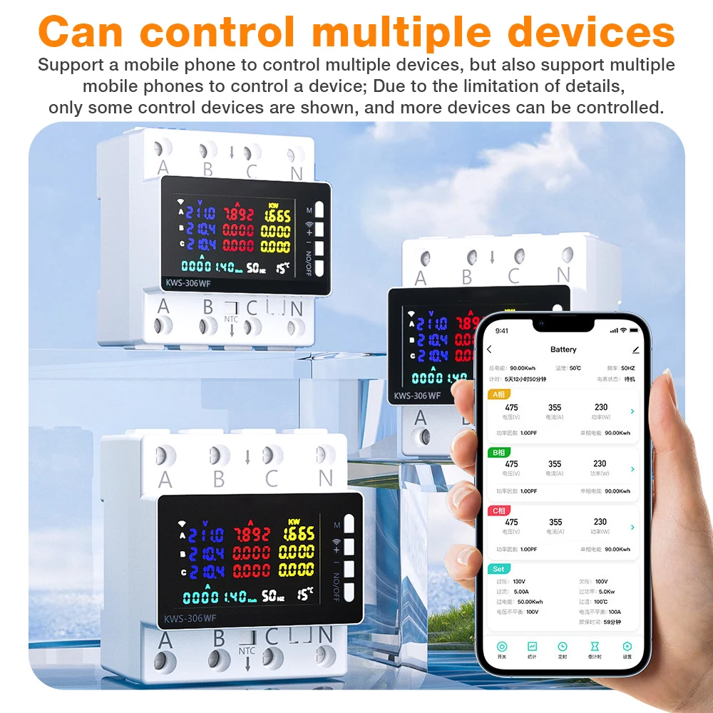 KWS-306WF Digital Energy Tester Current Voltage Protector Relay Switch Color Screen 3P Guide Rail Table 85-290V WiFi Power Meter