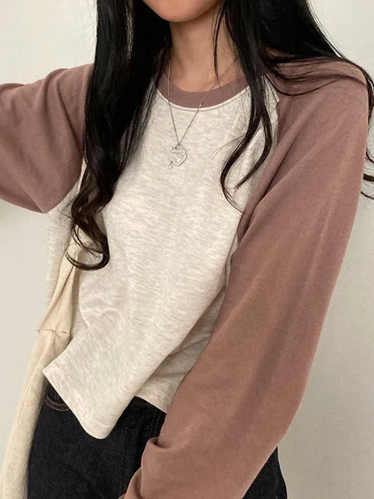 T-shirts Women Spring Cotton Korean Version Patchwork Tops Long Sleeve Sweet Loose Korean Style Leisure All-match Students