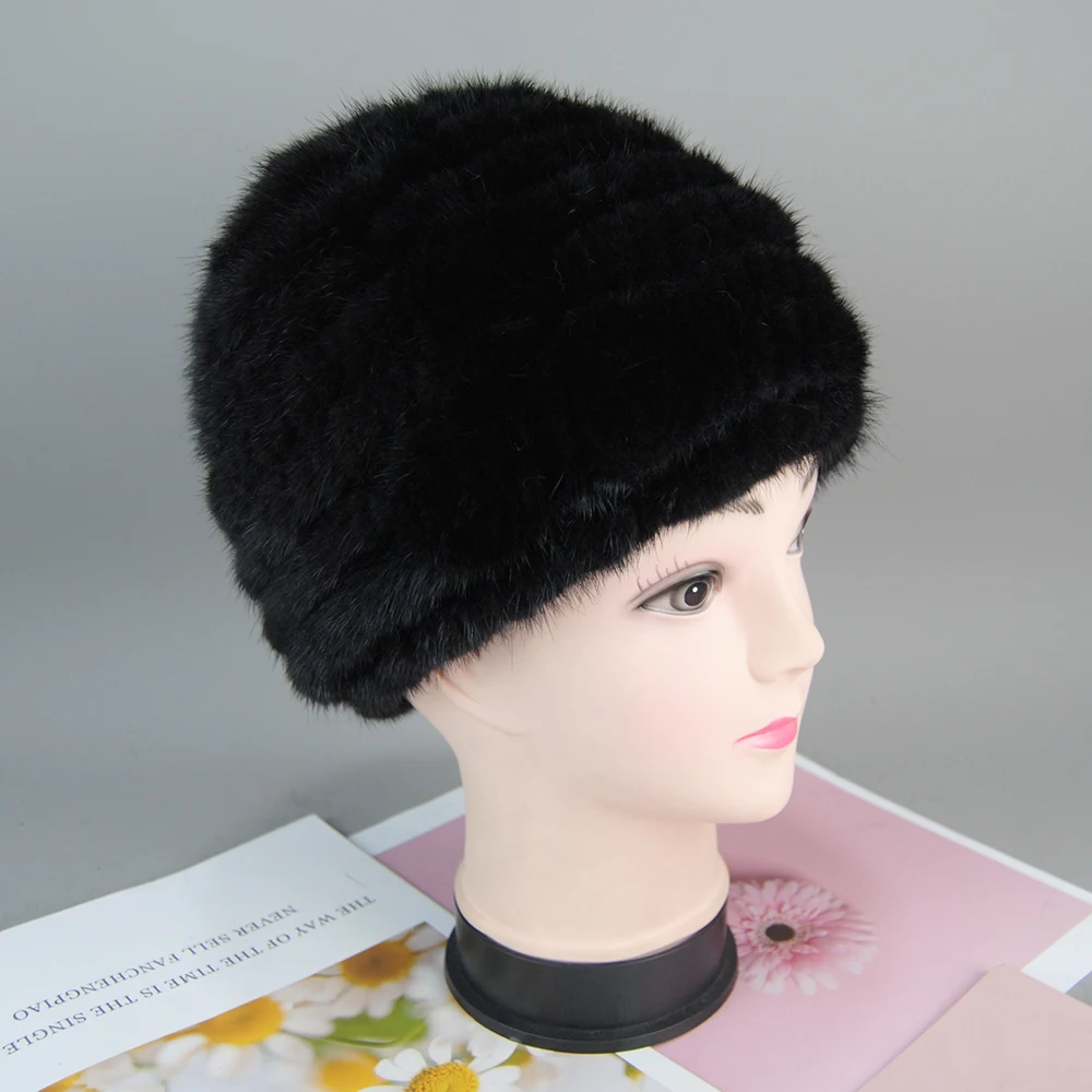 ขายร้อนถักหรูหราธรรมชาติ Mink Fur หมวกรัสเซียผู้หญิงดอกไม้ของแท้ Mink Fur Beanies หมวก Lady ฤดูหนาว Warm Mink Fur หมวก