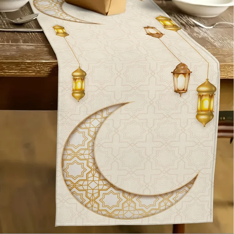 VIKAMA Ramadan Golden Pattern Star Moon Lantern Table Runner Muslim Festival Table Decoration Close TV Cabinet Dust Cover Cloth