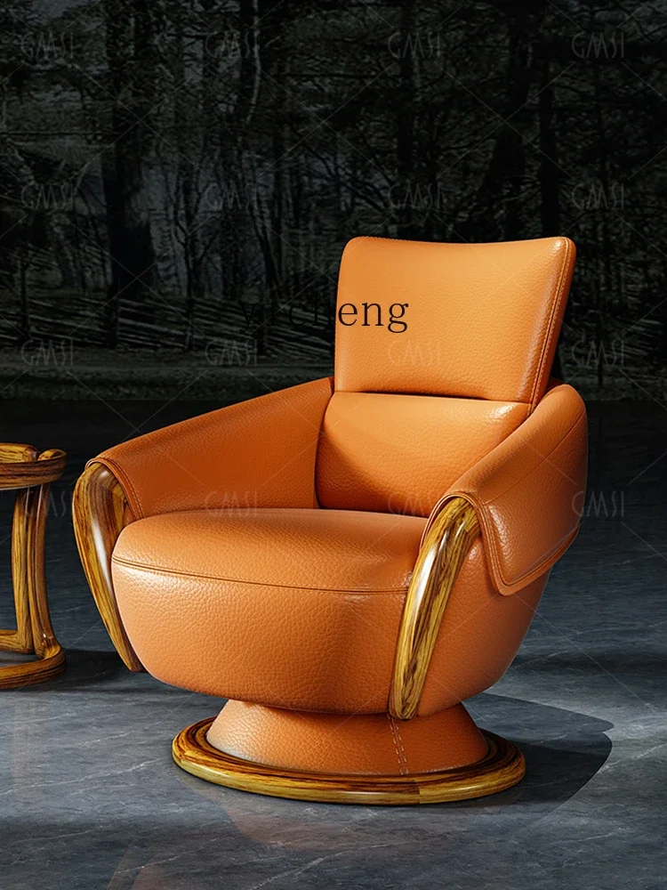 Ugyen Wood Leather Lounge Chair First Layer Cowhide Solid Wood Single-Seat Sofa Chair