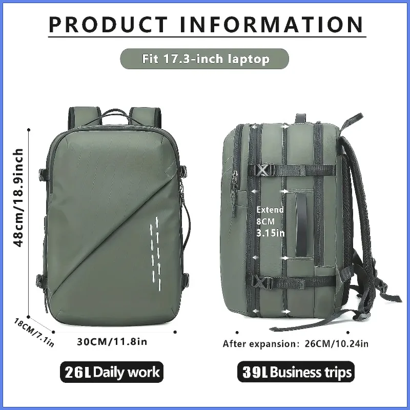 Vacuum Compression Travel Backpack for Men, Large Capacity Expandable Laptop Bag, Business Casual Daypack for Business Trip