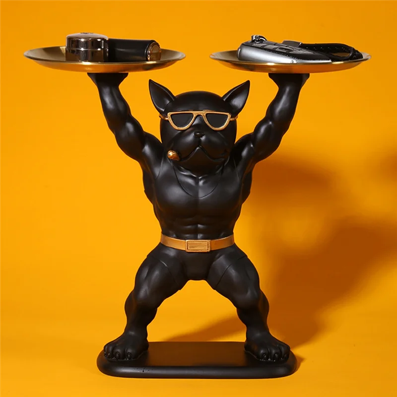 

A26F-Bulldog Statue Desk Tray Desk Keychain Desktop Art Tray For Desk Decoration Weightlifting French Bulldog Single Plate (Blac