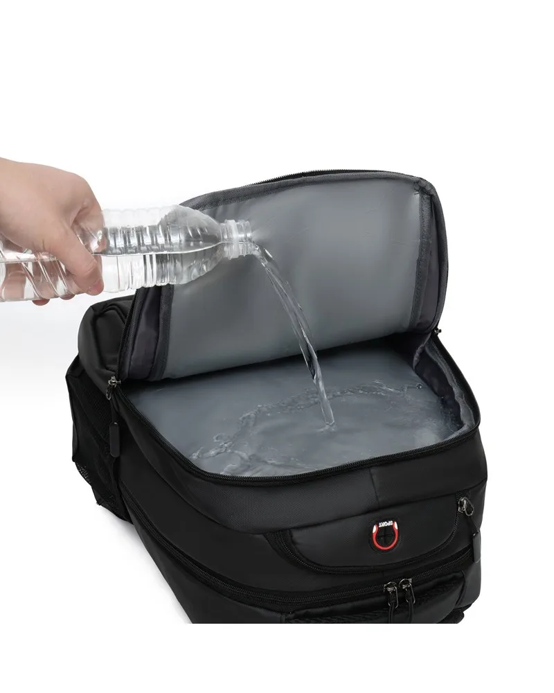 Premium men's PU backpack with waterproof and wet dry separation design built for laptops and daily business use