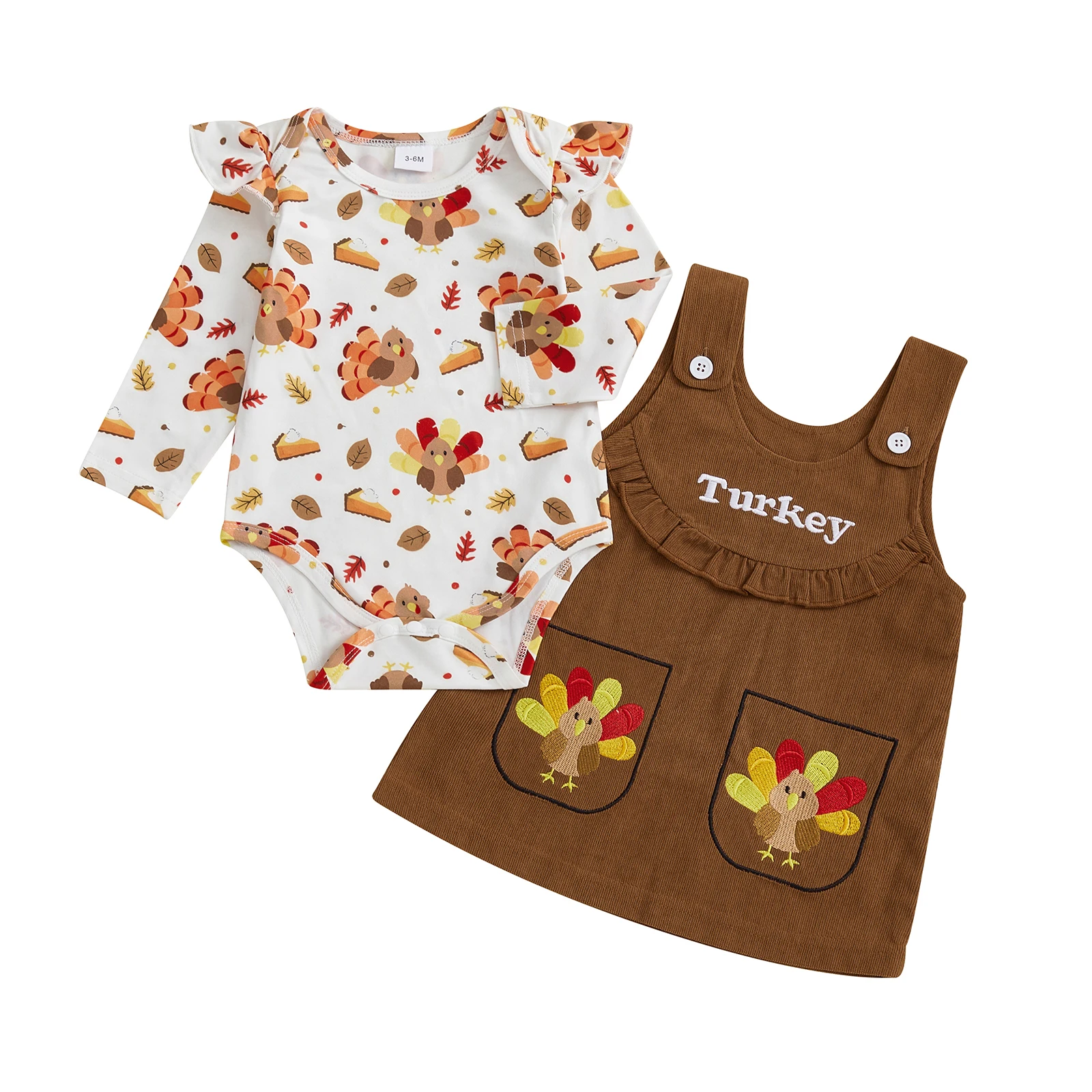 

Baby Girls Skirt Set Long Sleeve Turkey Print Romper with Embroidery Overall Dress Thanksgiving Clothes