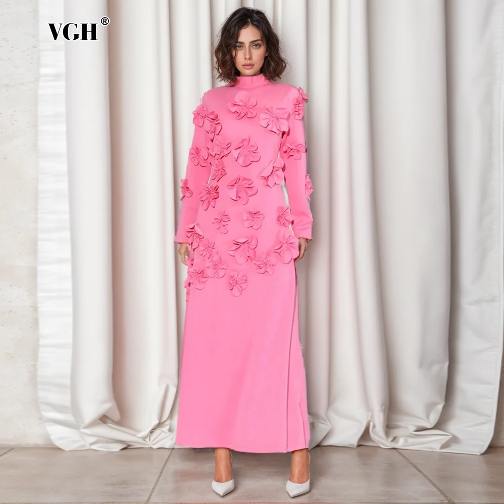 VGH Temperament Patchwork Appliques Dresses For Women Round Neck Long Sleeve High Wiast Soild Slimming Elegant Dress Female New