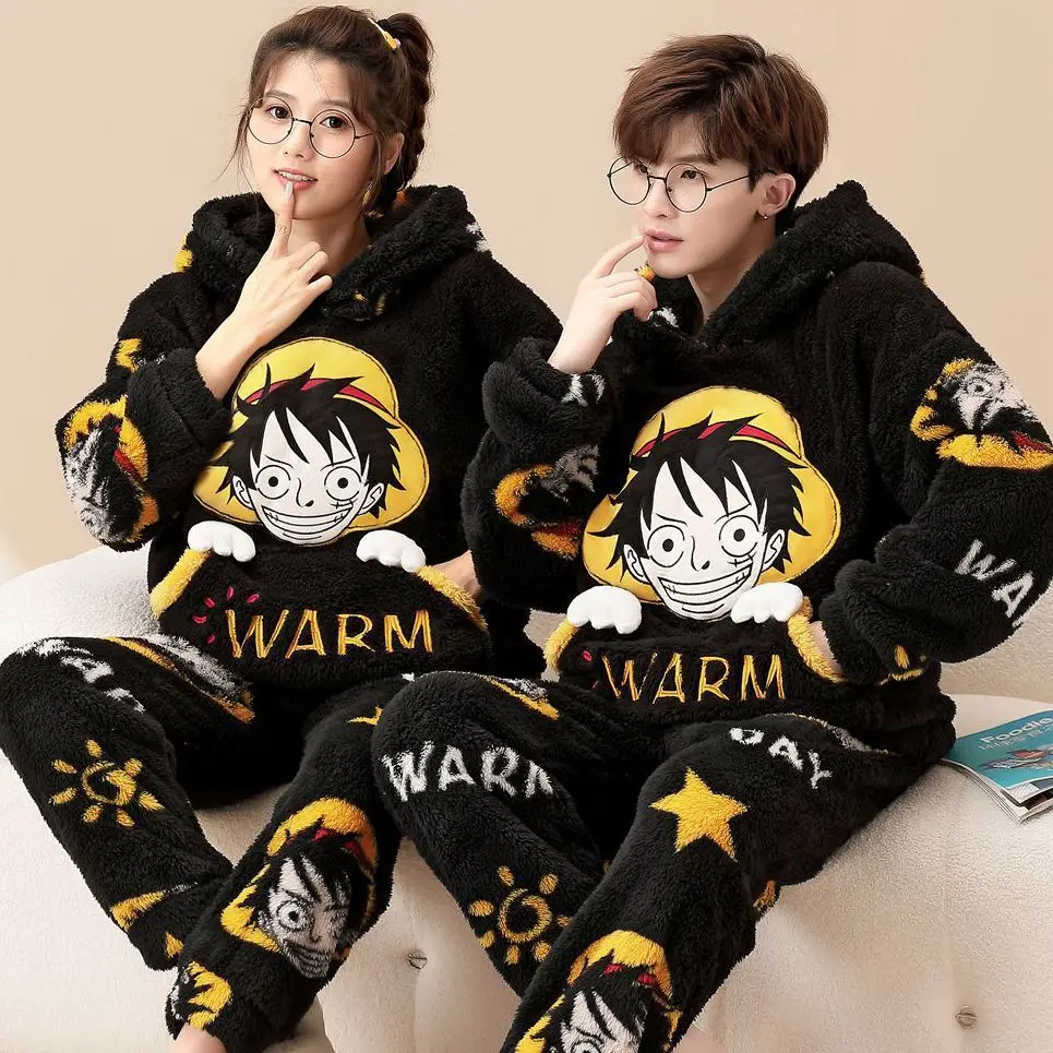 One Piece Anime Autumn And Winter Plush Pajamas Luffy Suit Men Thickened Coral Velvet Warm Home Clothes Cartoon Gift Wholesale