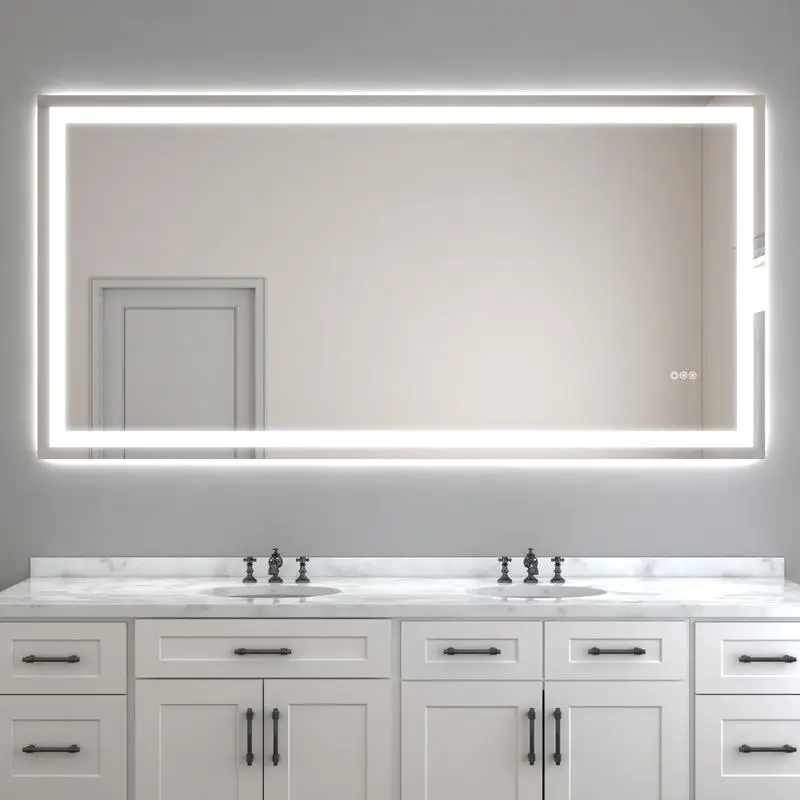 

72x36 Frameless Eco-Friendly Silver Mirror with Dual LED Light Strips and Front & Back Lighting