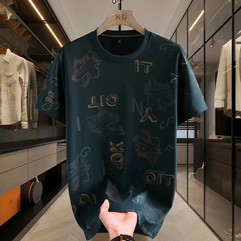 

Новая летняя мужская футболка с коротким рукавом и круглым вырезом из ледяного шелка с половиной рукавом, повседневный универсальный топ с принтом