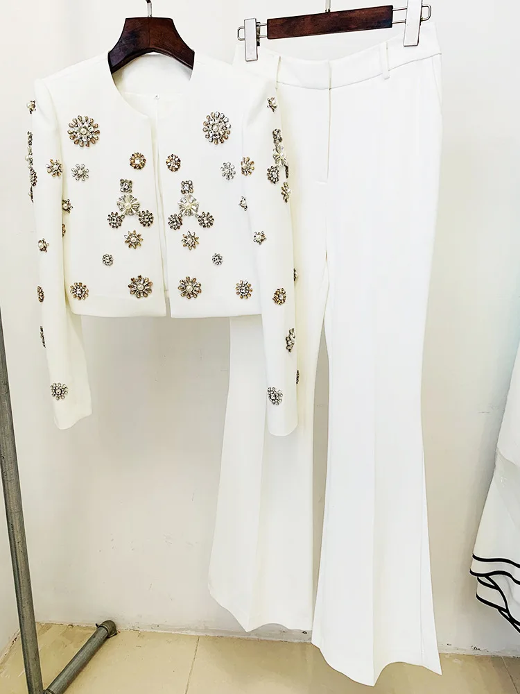 Round Neck Beaded Short Jacket Pants Set 2023 New Fashion Jacket Split Bell Bottoms Set White Business Wear Flare Pants Suits