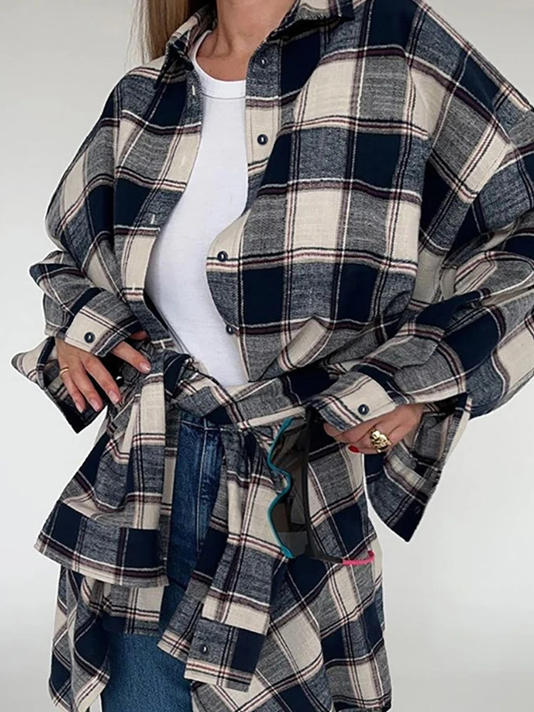 Mueyaruho 2024 Women Spring Winter Oversized Plaid Shirt Vintage Long Sleeve Loose Fit Thick Blouse For Woman