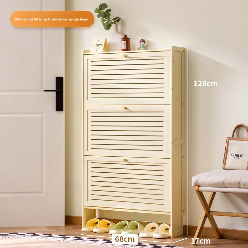 Minimaal ultradunne houten schoenenkast, moderne multi-laagse opklapbare schoenenrek, bamboe schuifdeur wandkast