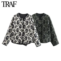 TRAF Women Fashion Winter New Printed Cotton Jacket Long Sleeved Single-breasted Pocket Short Coats Chic Ladies Tops Mujer