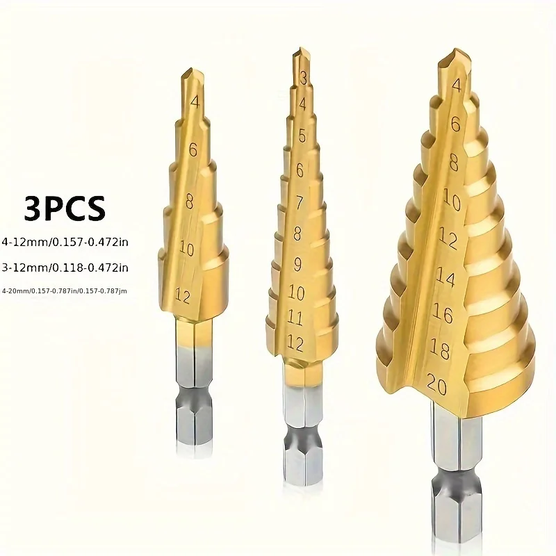 3pcs Titanium-Coated HSS Drill Bits Set, Straight Groove Step Cone Cutters for Precision Hole Sawing, 3-12mm, 4-12mm, 4-20mm, He