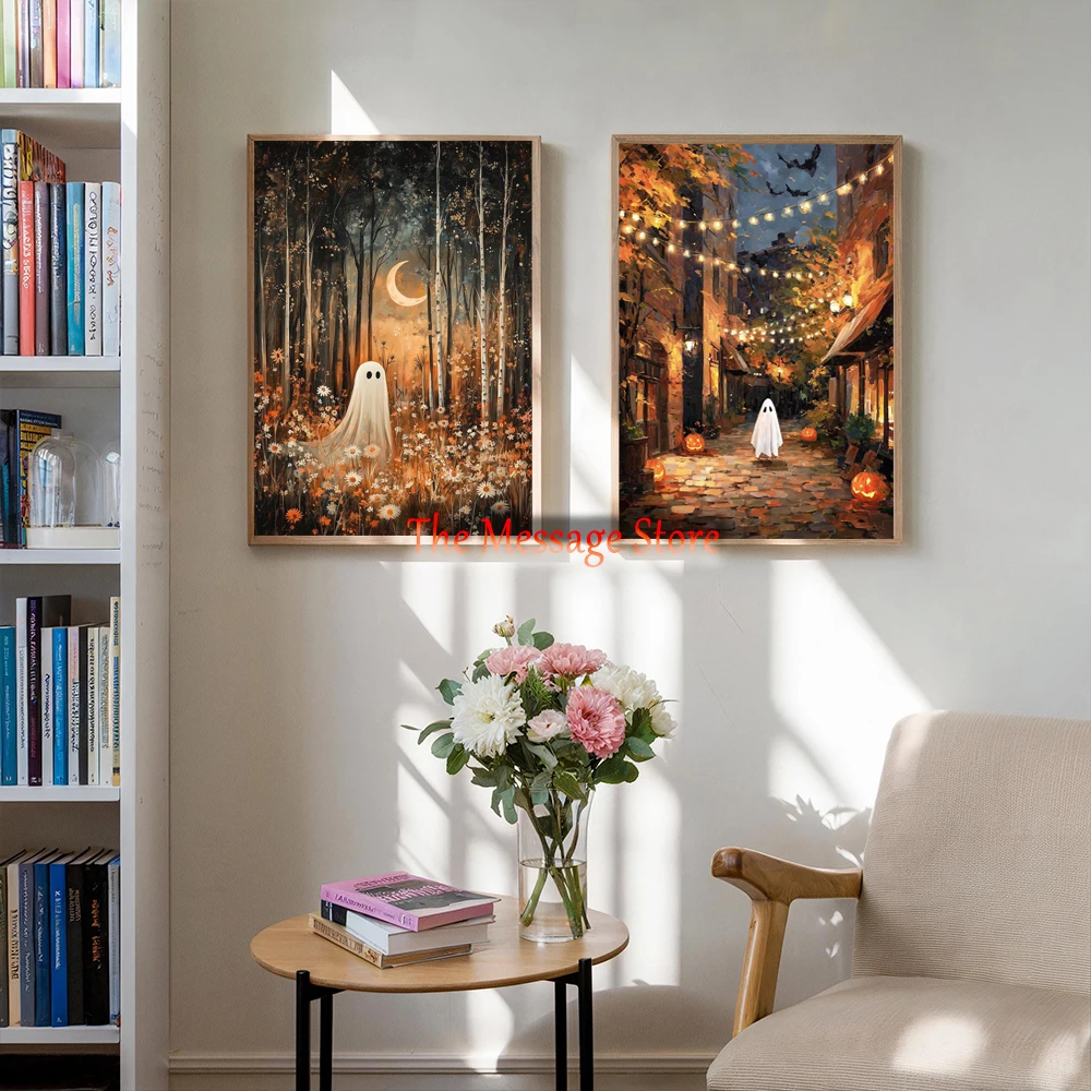 Cute White Ghost Autumn Halloween Art Ghosts in Haunted Forest Spooky Halloween Poster Canvas Painting Wall Pictures Home Decor