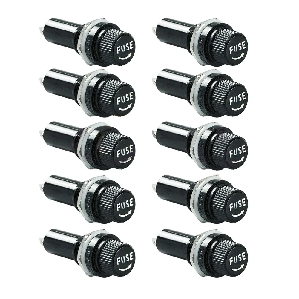 

10PCS Panel Mount Chassis Fuse Holder For 5x20mm Glass Fuses 10A 250V Black High Temperature Resistant Copper Nut Electrical