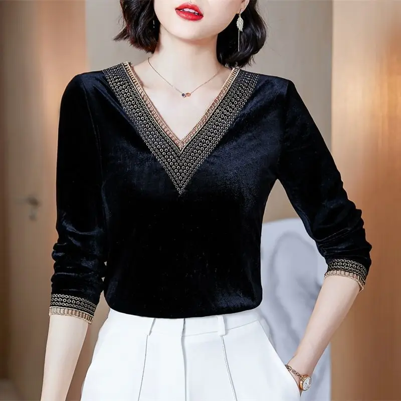 Golden Velvet V-Neck Top Autumn/Winter New T-shirt Fashion Solid Color Long Sleeve Bottoming Shirt M-4XL