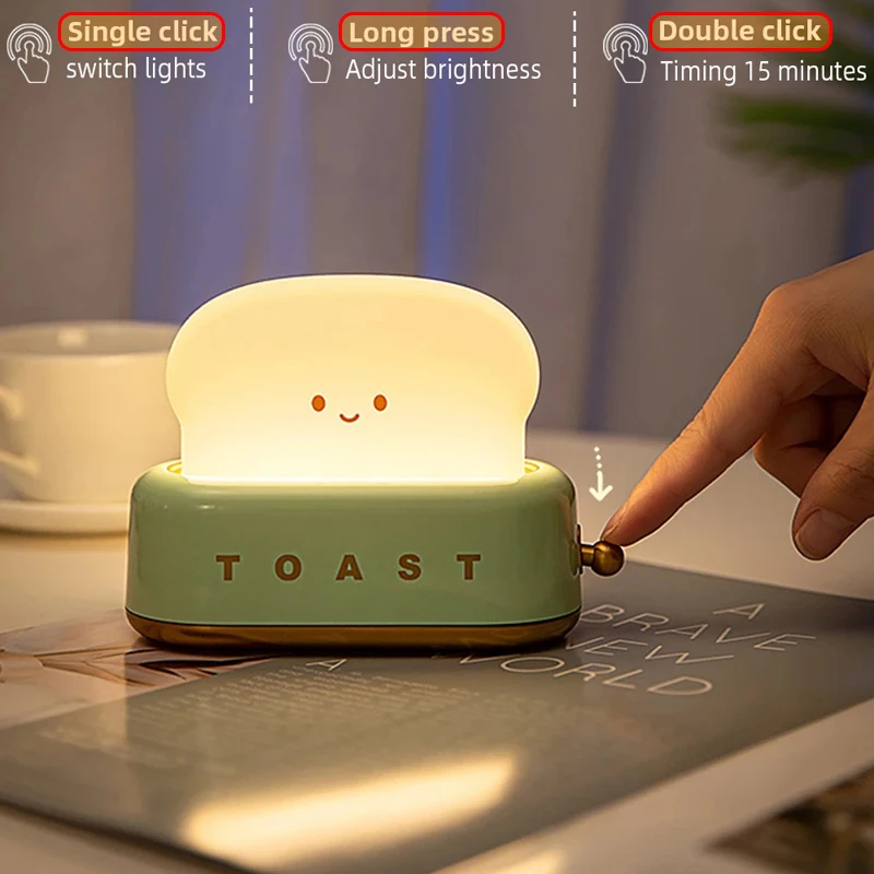 Led Toast Bread Table Lamp Usb Rechargeable Battery Bedroom Birthday Decor Holiday Baby Girls Boys For Kawaii Room Nightlight