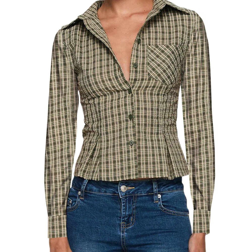 

Dourbesty Women Autumn y2k Vintage Plaid Print Long Sleeve Blouse Shirts 2000s Aesthetic Button Up Gingham Crop Tops T-shirts