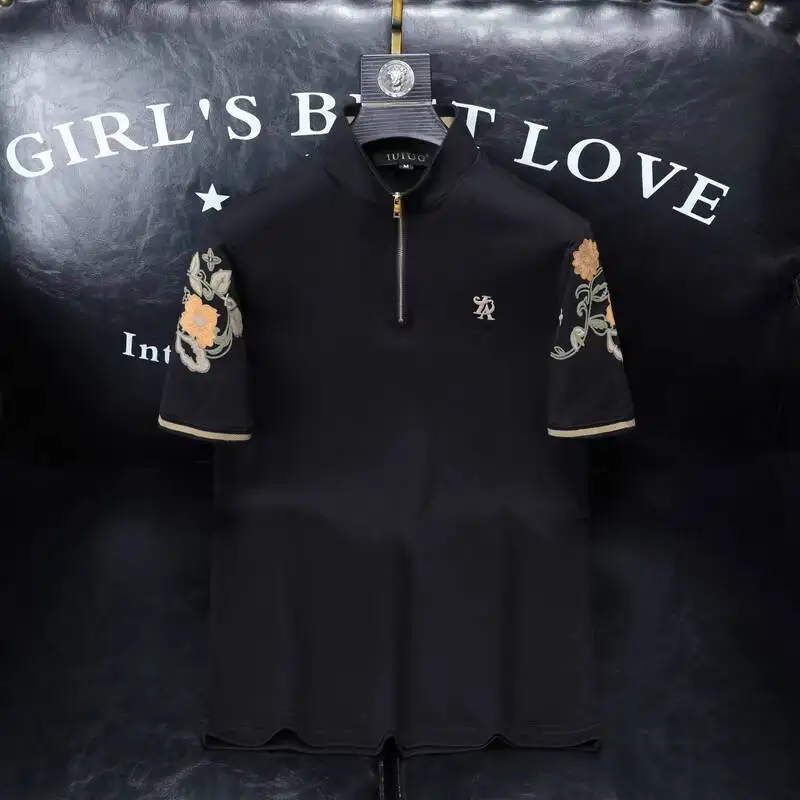 Camiseta Polo Casual para Hombre, Ropa de Calle, Moda, Bordado de Flores, Camisa Polo de Verano, Manga Corta, Cuello Solapa