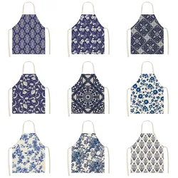 1 Pcs 55x68cm Cotton and Linen Apron Blue Porcelain Cooking Sleeveless Bib Anti-greasy Kitchen Mandala Supplies Chef Aprons