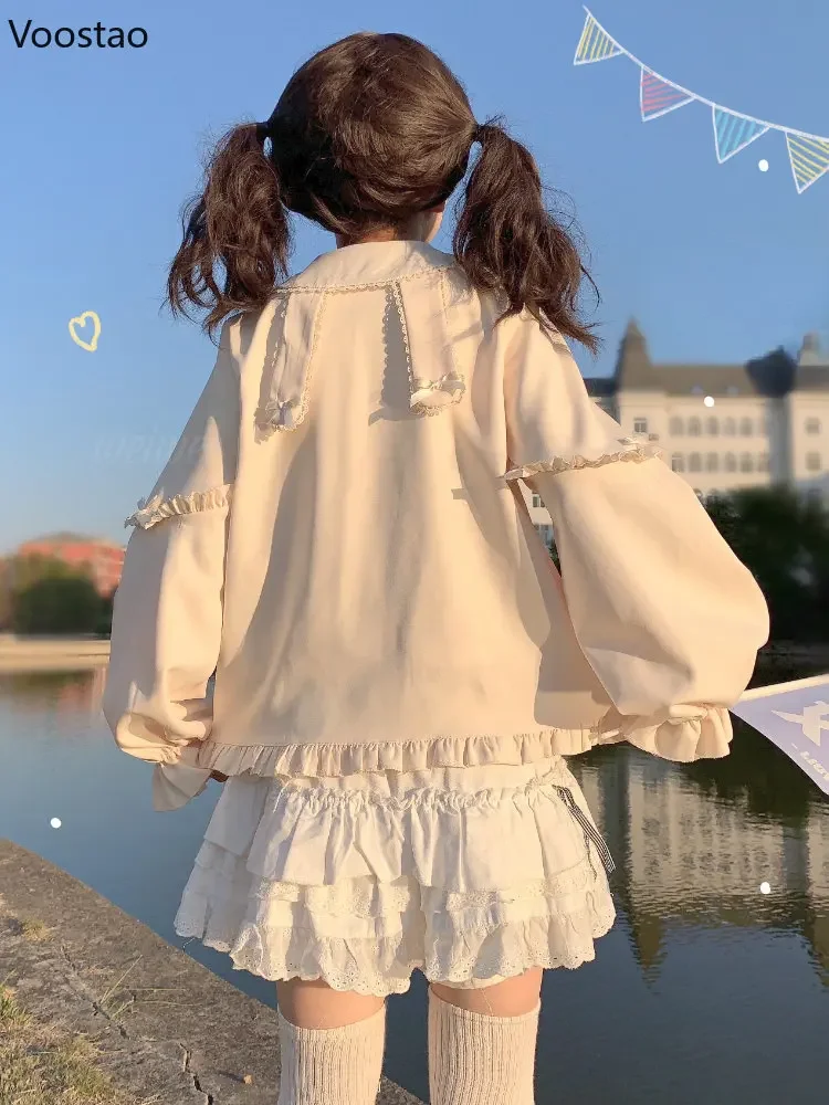 Japanese Girls Sweet Lolita Blouses Cute Bow Ruffles Rabbit Ear Peter Pan Collar Long Sleeve Shirt Women Kawaii Student Clothing