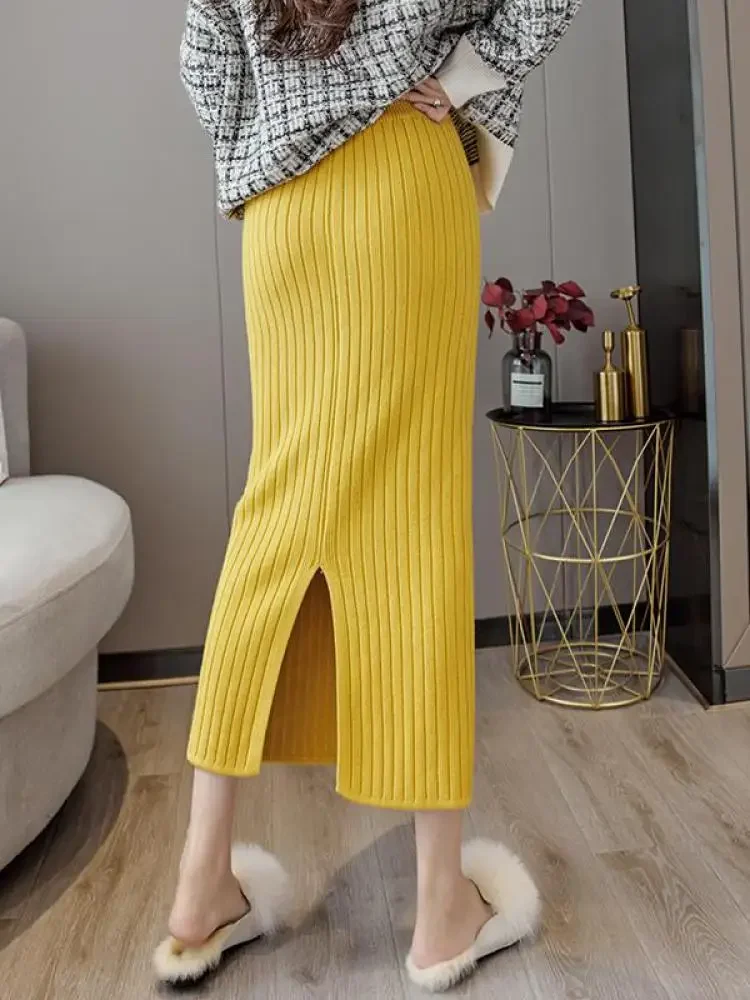 

Women Solid Striped Pencil Midi Knitted Skirt High Waist Ladies Autumn Warm Straight Elastic Waist Wrap Hip Split Skirts A112