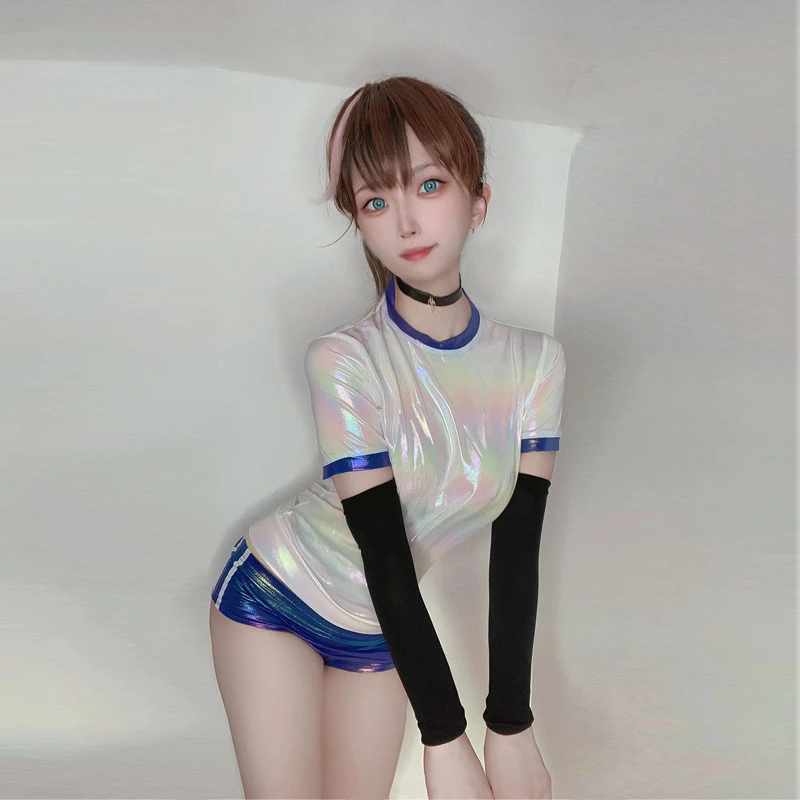 Anime Sexy Girl Japanese School Uniform Cosplay Patent Leather Gym Sportwear Laser T-short Shorts Full Set College Costume