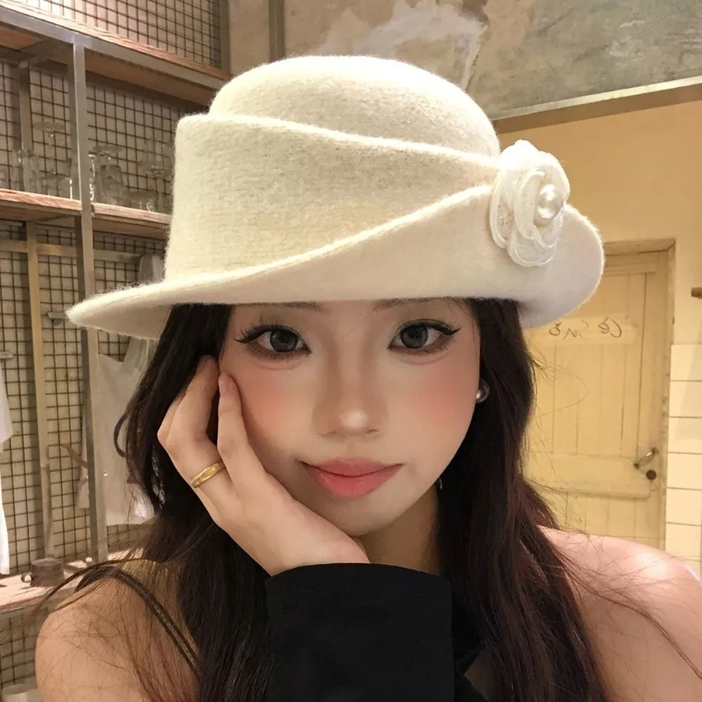

French Style Hepburn Style Topper Hat Woolen Wide Brim Black Felt Hat Flat-top Photography Decoration Women Jazz Hat Ladies