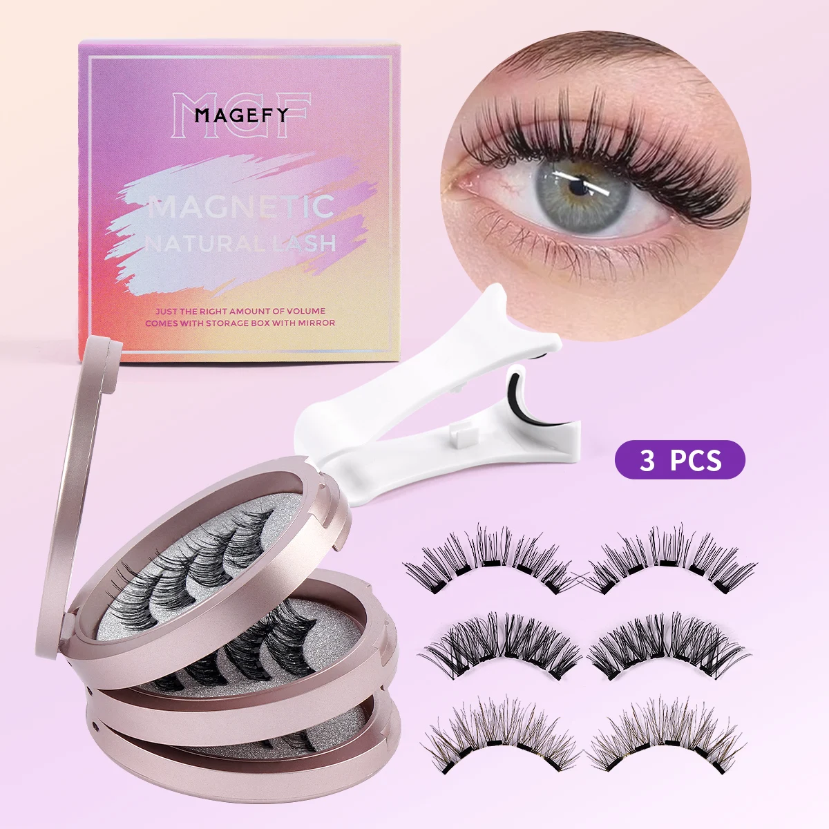 MAGEFY, 3 pares de pestañas magnéticas mejoradas con aplicador, aspecto Natural suave reutilizable, No necesita pegamento, Kit de pestañas, pestañas de ojo de gato
