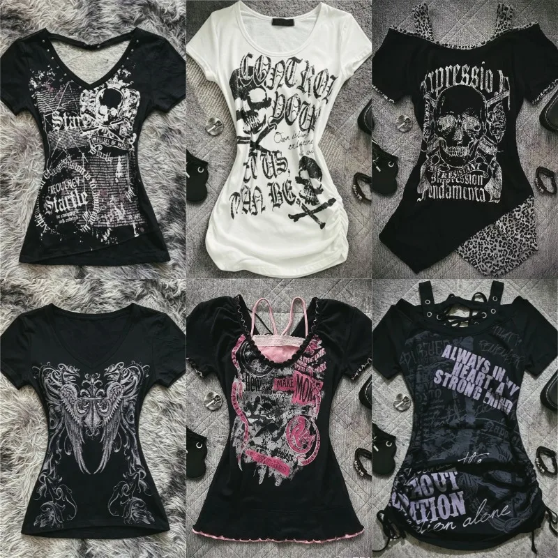 2025 Punk Gothic Grunge T-shirt Vintage Print Short Sleeve Women's Emo Tops Y2K Emo Aesthetic Sexy Streetwear Tees Casual New