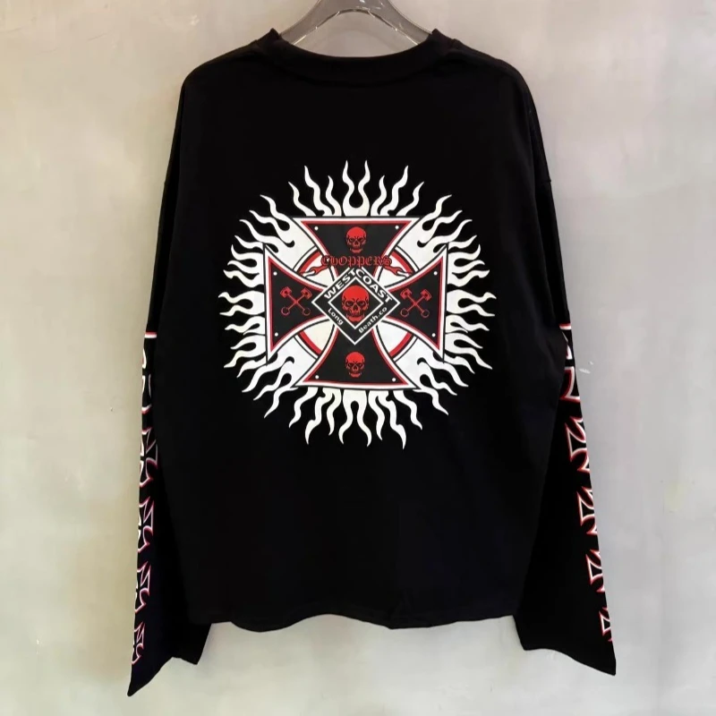 Skull Print West Coast Choppers Black Pullovers Men Women Hiphop Pure Cotton Oversized Long Sleeve T-Shirts
