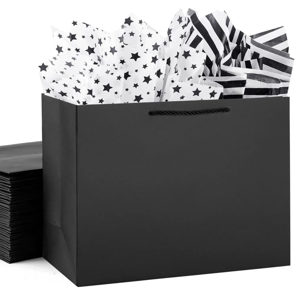 

4 Pack Extra Large Black Gift Bags, Large Gift Bags with Tissue Paper, 16x6x12 Inches, Gift Bags for Small Business, Bridal Show