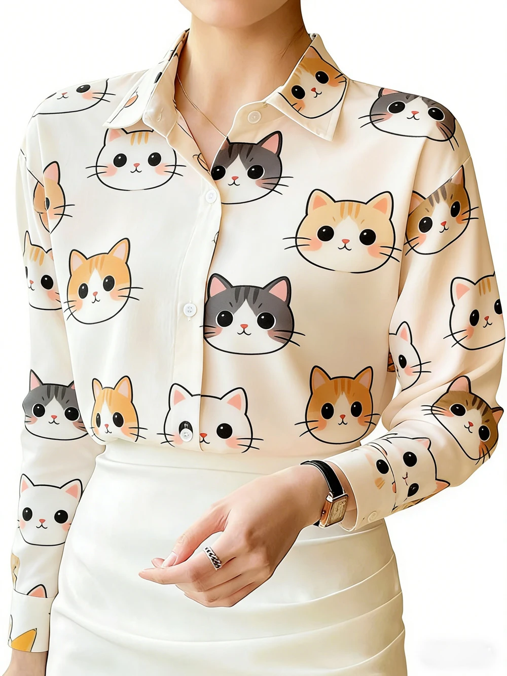 Five Cats Women's Summer Elegant Collared Neck Allover Print Button-Up Longline Blouse Casual New Season Tops