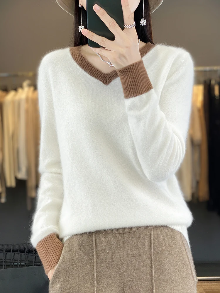 Autumn Winter Female 2024 Sweater 100% Merino Wool Solid Knitwear Korean Style Pullover Long Sleeve Soft Cashmere Clothing Top
