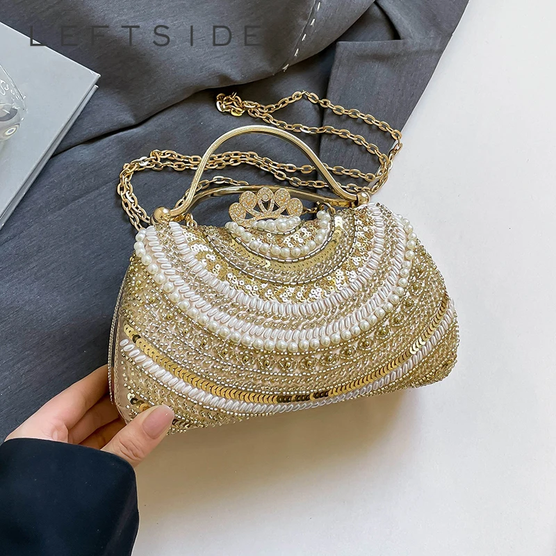 

LEFTSIDE Small Sequins Shoulder Bags for Women 2025 Designer Evening Party Beaded Crossbody Bag Chain Handbags and Purses