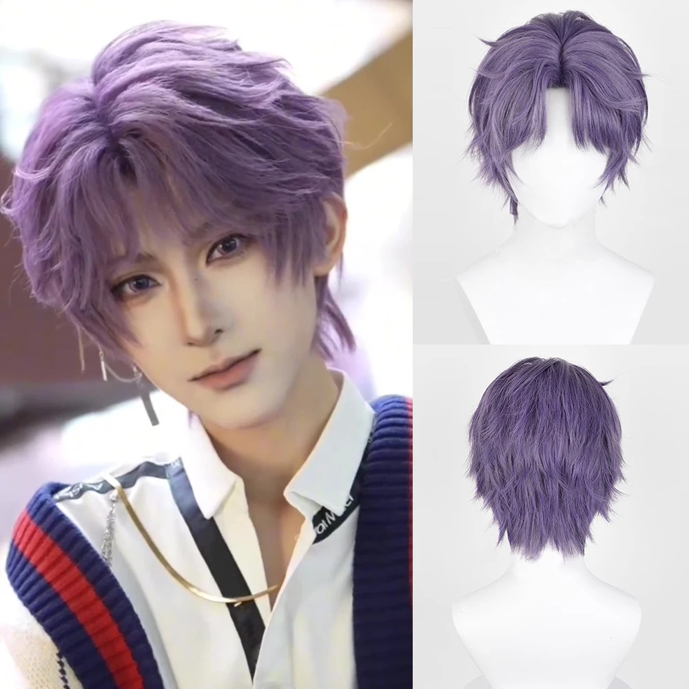 Synthetic Short Straight Purple Middle Part Wig Men Anime Game Cosplay Fluffy Heat Resistant Wig for Daily Party