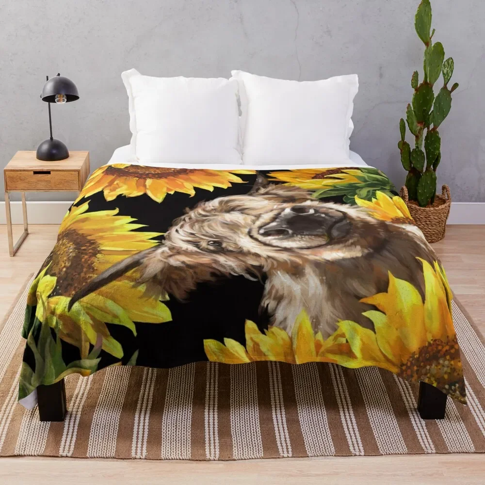 

Highland Cow in Sunflower Garden Throw Blanket Cozy Napping Blanket Gift for Mom Dad