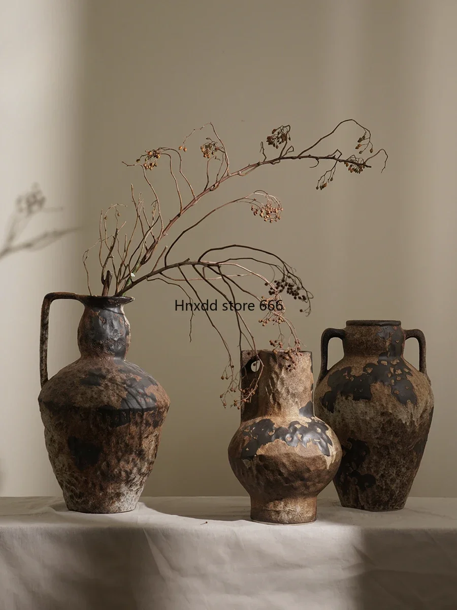 Wabi Sandy Wind Old Antique Handmade Vase Retro Zen Ceramic Flower Arrangement Chinese Flower Arrangement