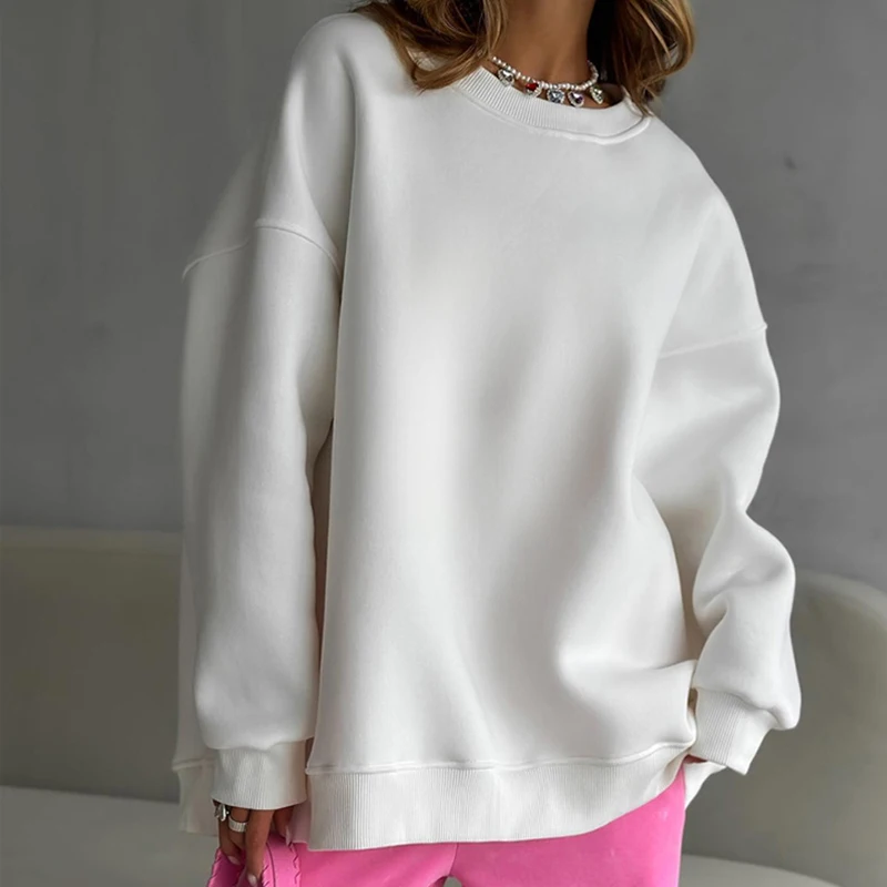 

Women Autumn O-Neck Loose Style 55% Cotton Hoodies Long Sleeve Casual Pink Pullovers Clothes Women Tops Sweatershirt