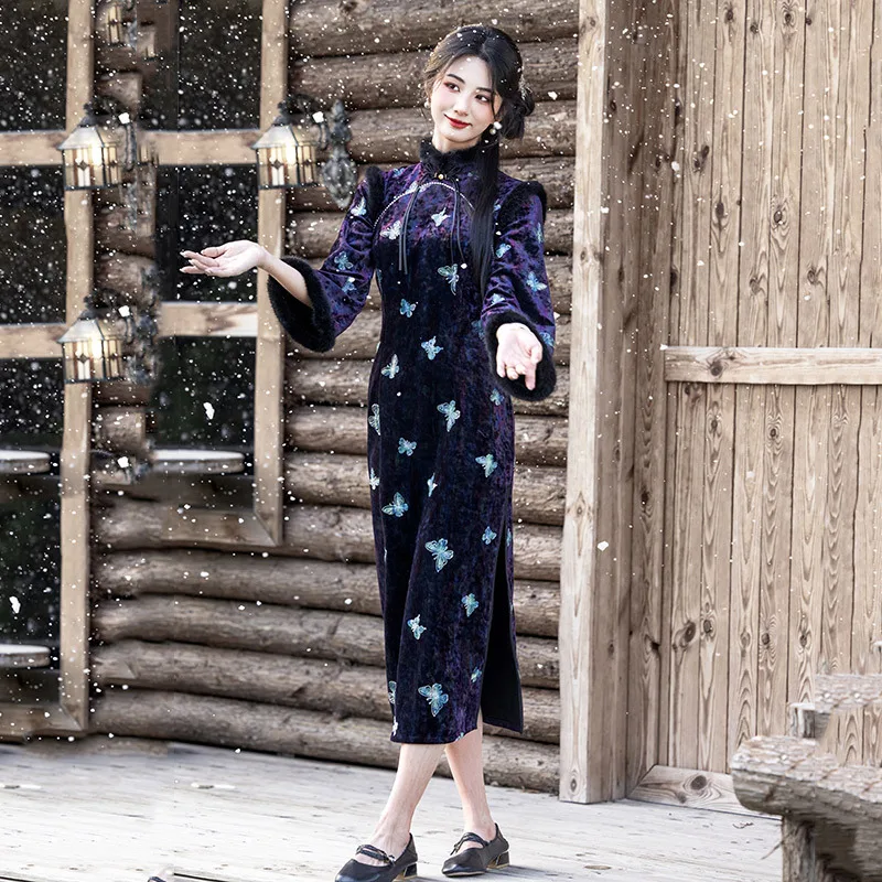

Осенне-зимнее утепленное платье Cheongsam с вышивкой бабочкой в китайском стиле, новинка 2025, старое Шанхайское длинное платье Qipao