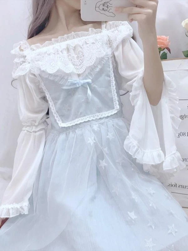 KOSAHIKI Kawaii Lace Shirt Lolita Blouses Women Split Flare Sleeve 2024 Japanese Chiffon Blusas Preppy Style Cosplay Cute Tops