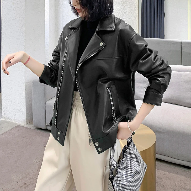 Popular Genuine Leather Jacket Women Short Locomotive Zipper Sheepskin Harajuku Fashion Loose Trendy Dark Green Lederjacke Damen